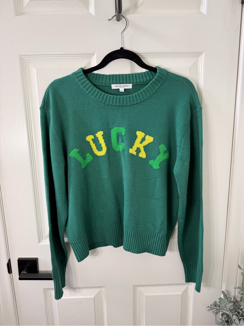 Grayson Threads Green 'LUCKY' Crewneck Sweater NWOT
